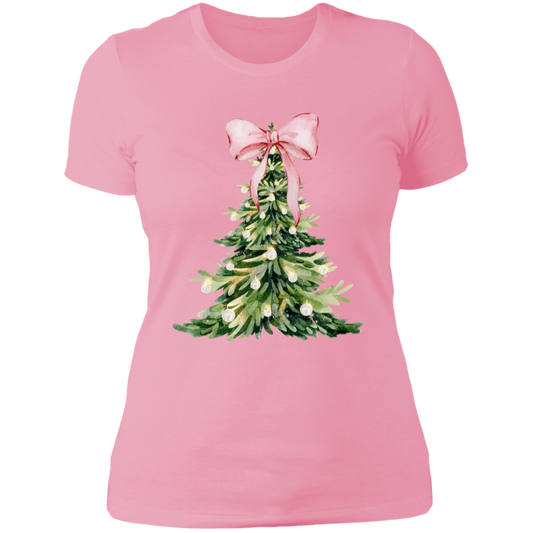 Christmas Tree Pink Bow Ladies T-Shirt