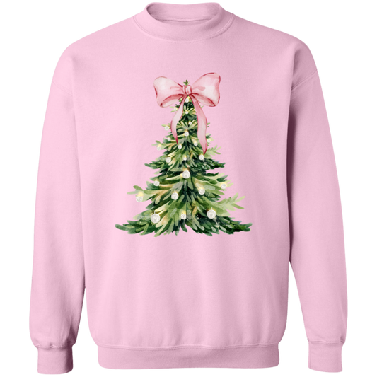 Christmas Tree Pink Bow | Unisex Crewneck Pullover Sweatshirt